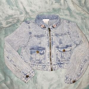 Little Lass Blue Cropped Jean Jacket with Distressed Texture